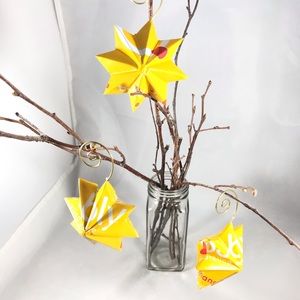 Handmade Yellow Bubly Can Star Ornaments Set of 3 Upcycled Recycled